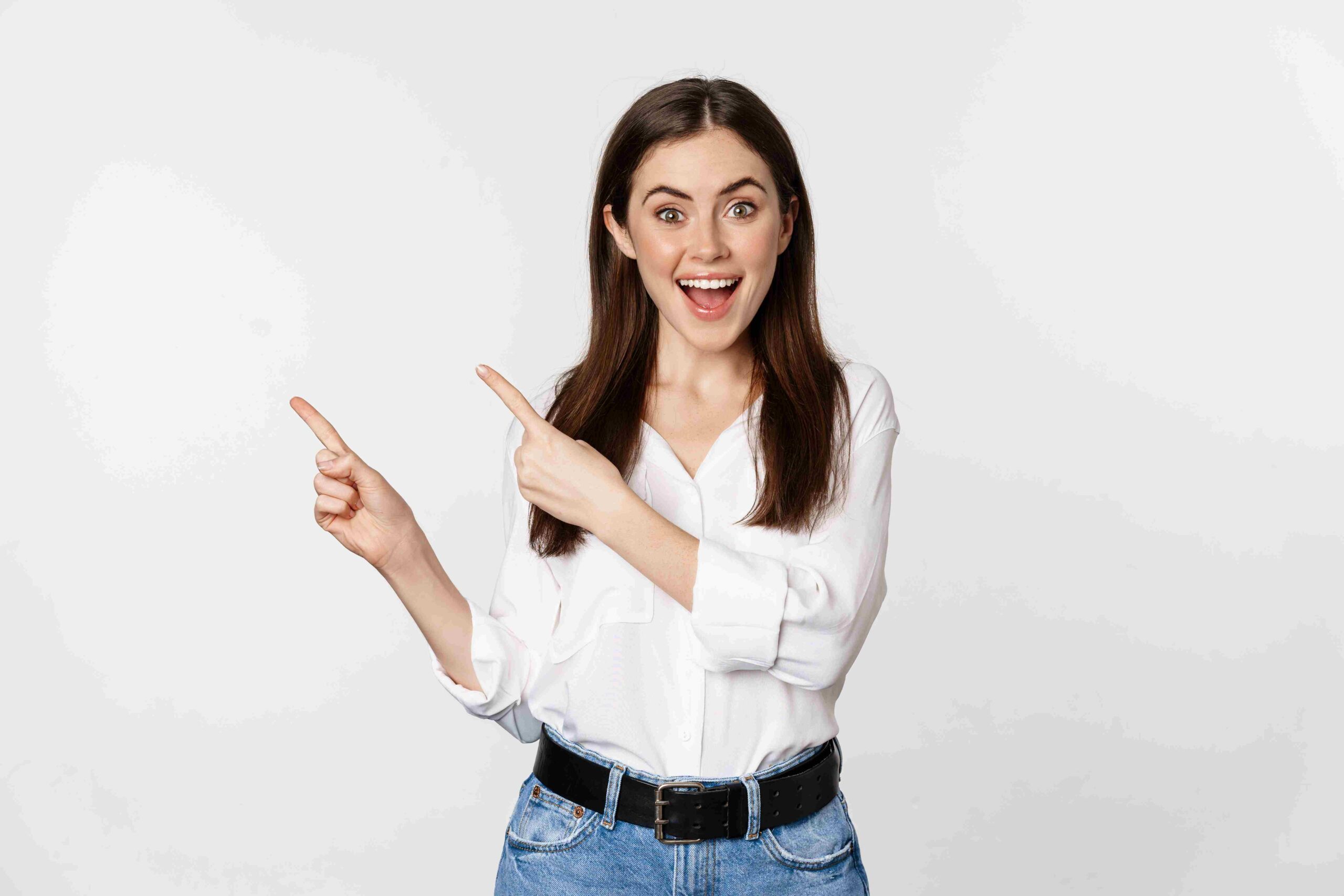 Portrait Enthusiastic Smiling Woman Female Entrepreneur Pointing Fingers Left Showing Adverti 11zon Scaled